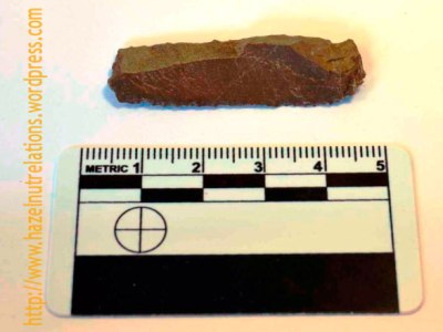 Photo of an experimentally produced blade (radiolarite), made to act as a reminder to myself of the way it looked before I used it.